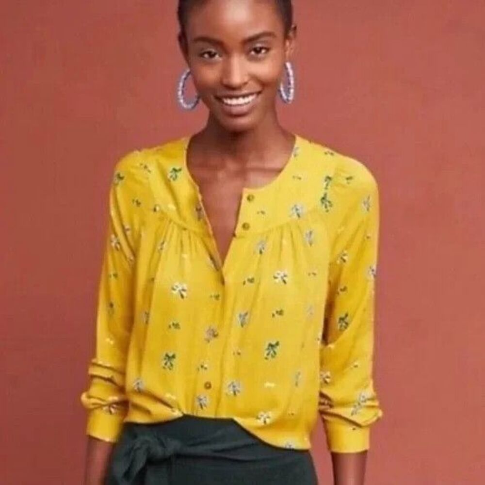Anthropologie Mustard Yellow Floral Button-Front Blouse